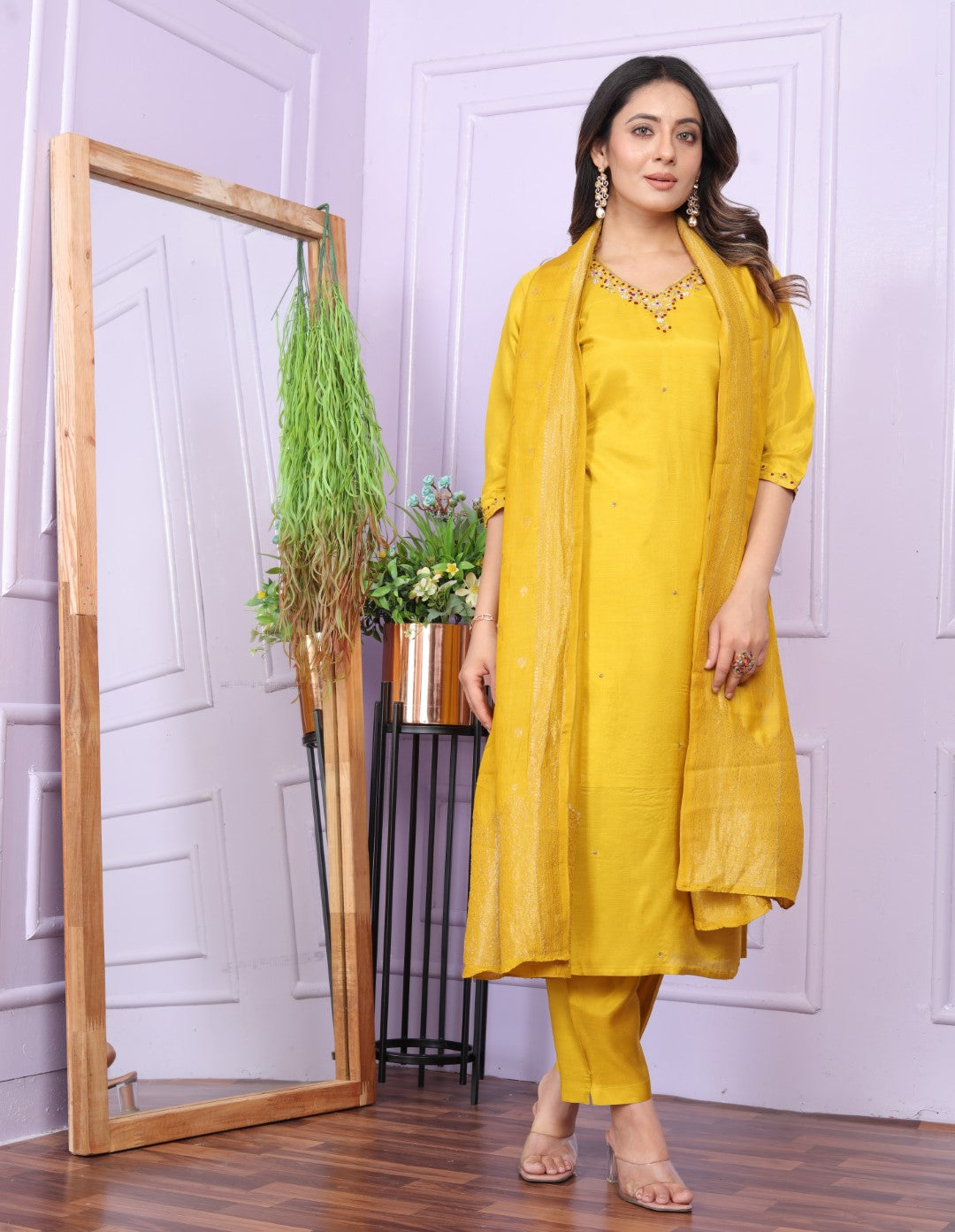 Buy Elegant Mustard Viscose Muslin Pant Dupatta Set Outfit