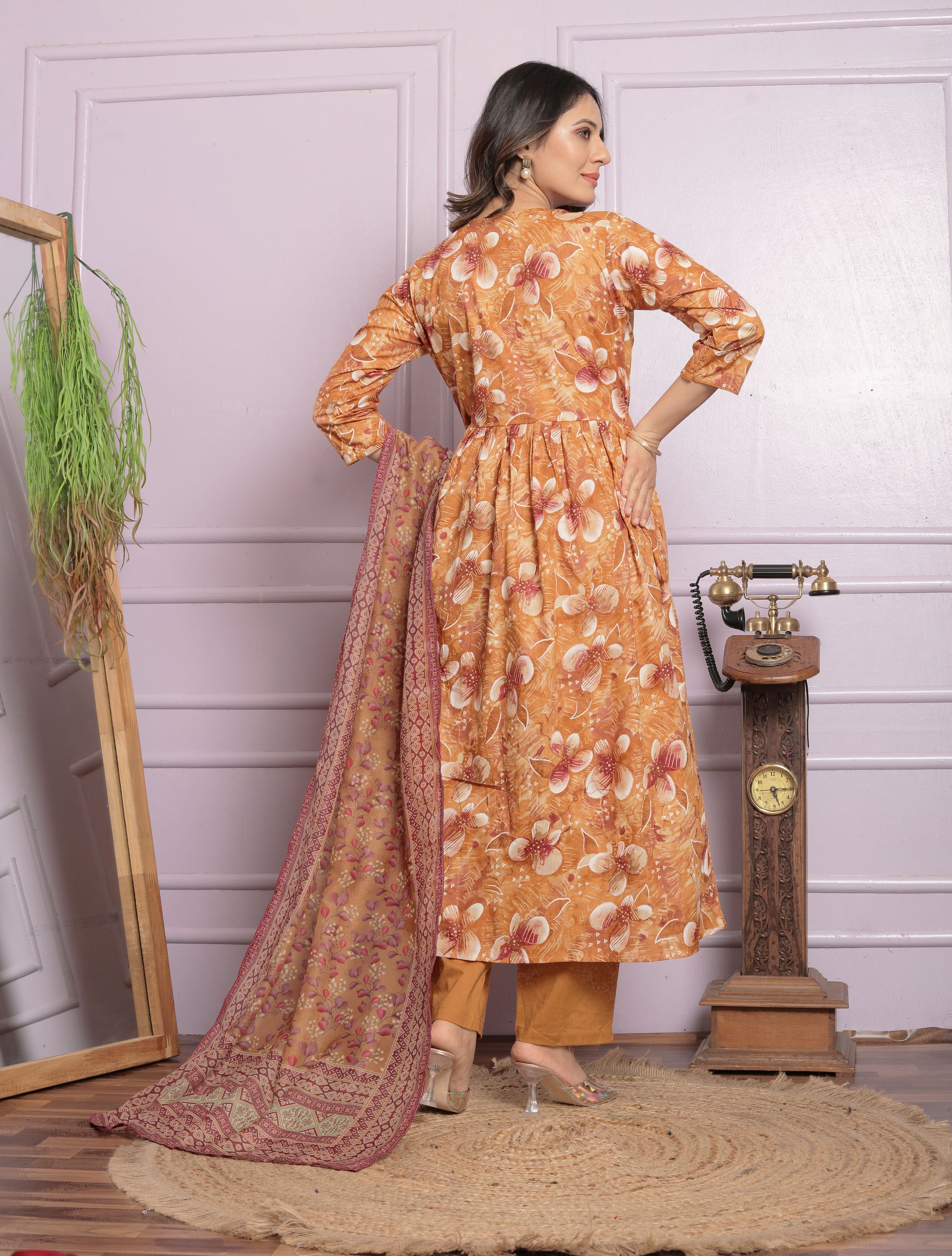 Buy Mustard Cotton Kurti with Pant & Dupatta | Digital Print