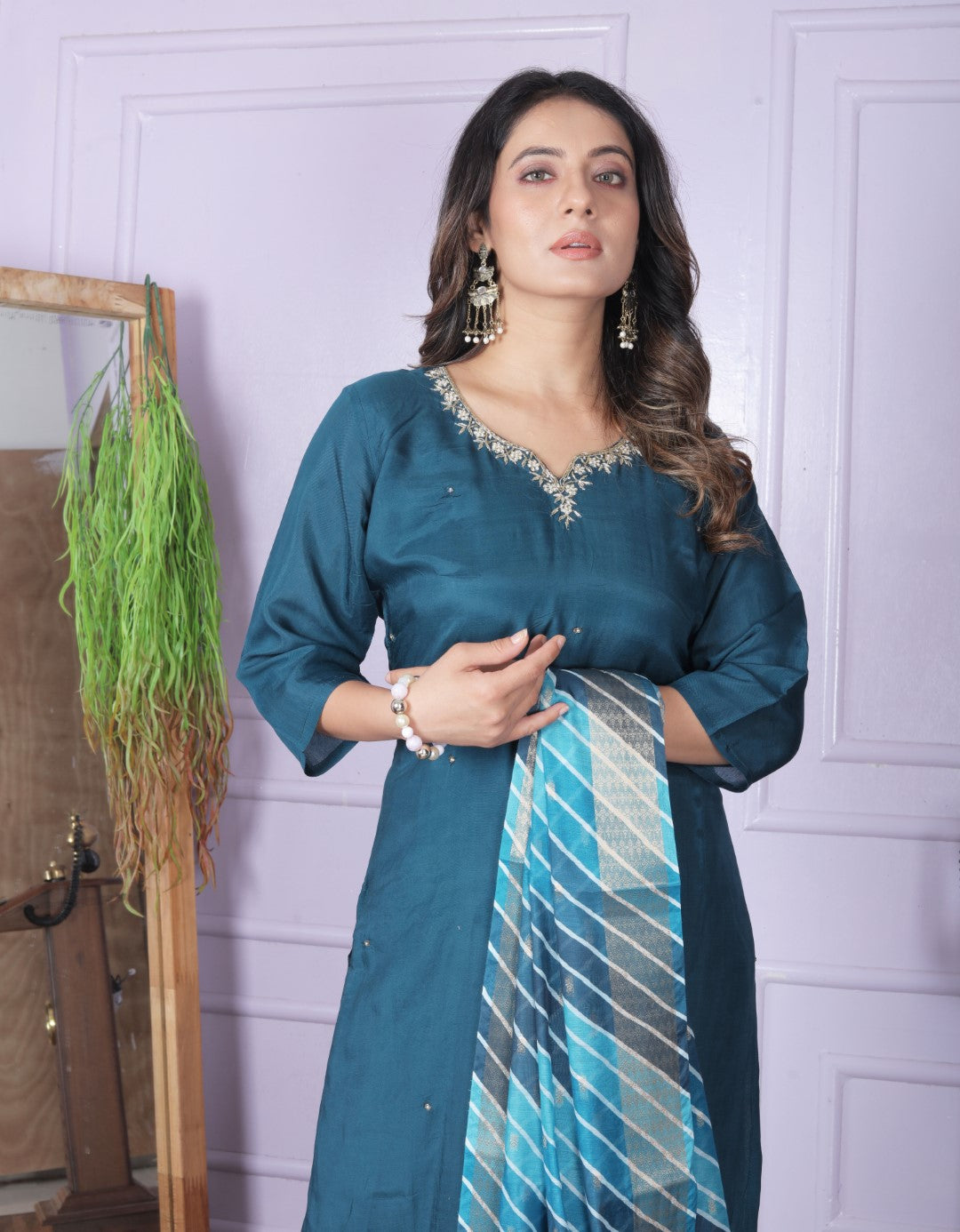 Buy Fashionable Blue Muslin Pant Outfit Set | Vaanya Kurtis