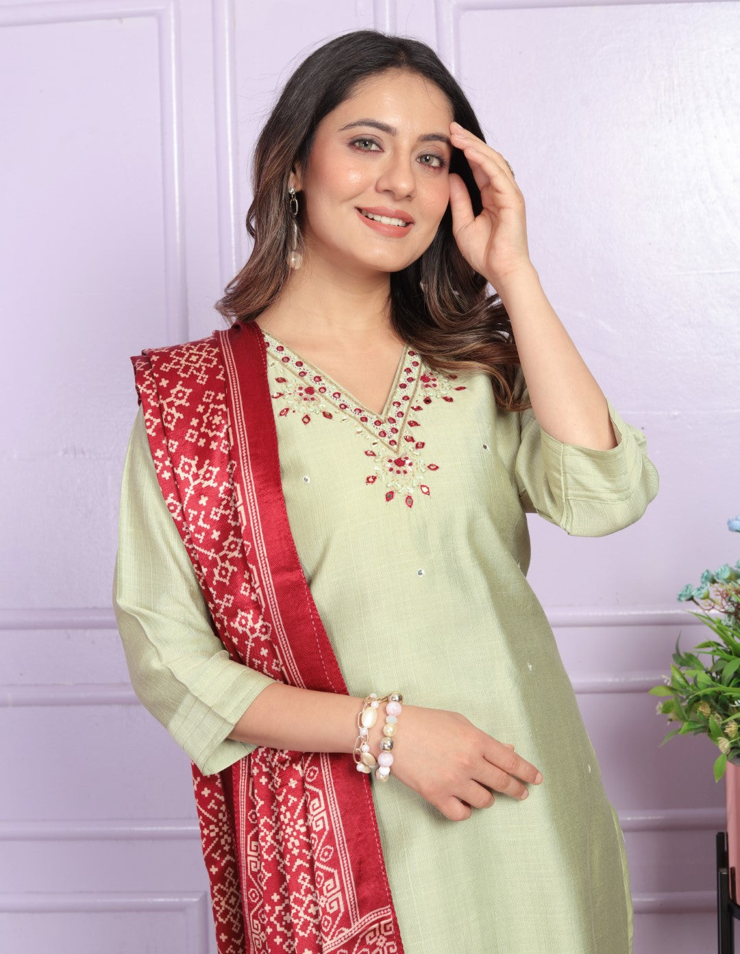 Buy Pista Green Ethic Wear Pant Set Online | Vaanya Kurtis