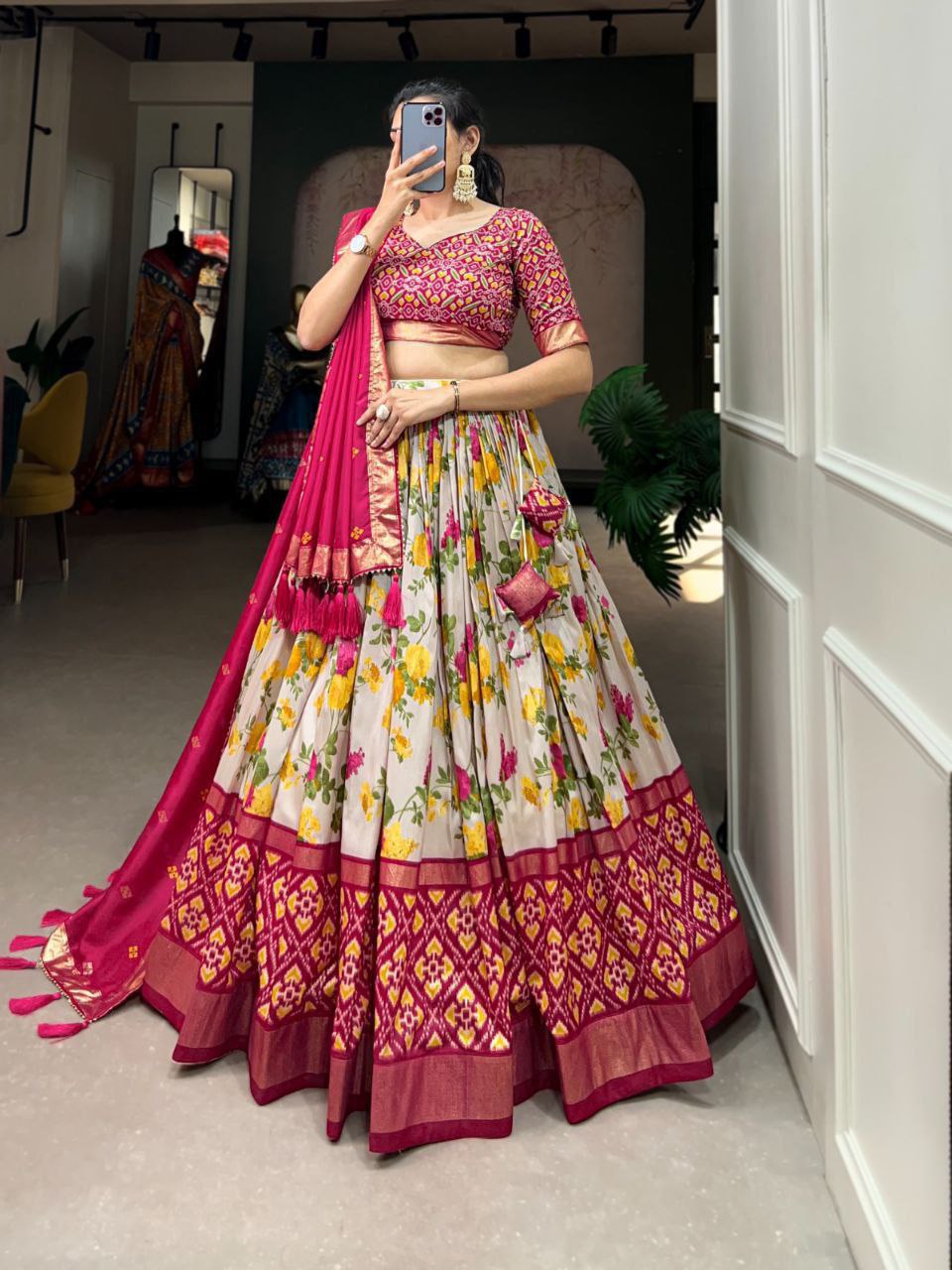 Elegant Silk Beige Floral Patola Lehenga Set | Shop Online
