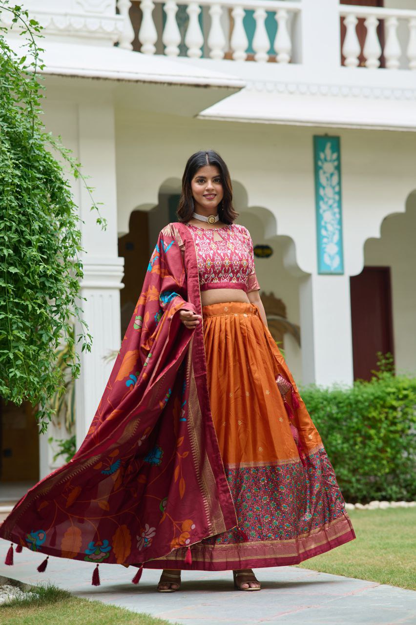 Buy Elegant Orange Dola Silk Meenakari Lehenga Online 